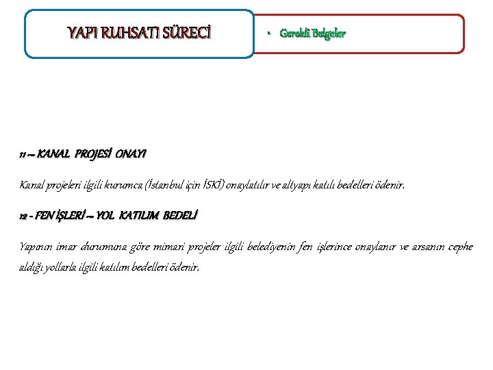 YAPI RUHSATI SÜRECİ • Gerekli Belgeler 11 – KANAL PROJESİ ONAYI Kanal projeleri ilgili