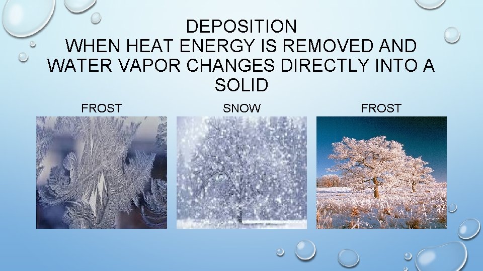 DEPOSITION WHEN HEAT ENERGY IS REMOVED AND WATER VAPOR CHANGES DIRECTLY INTO A SOLID