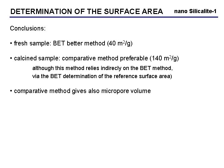 DETERMINATION OF THE SURFACE AREA nano Silicalite-1 Conclusions: • fresh sample: BET better method