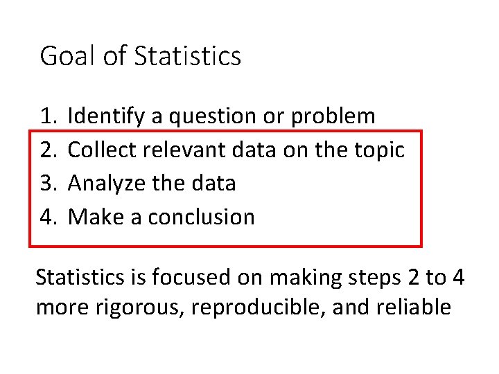 Goal of Statistics 1. 2. 3. 4. Identify a question or problem Collect relevant