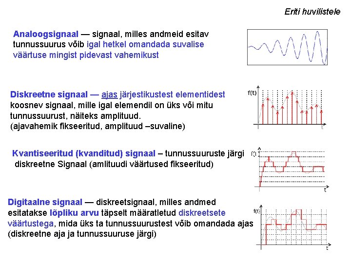 Eriti huvilistele Analoogsignaal — signaal, milles andmeid esitav tunnussuurus võib igal hetkel omandada suvalise