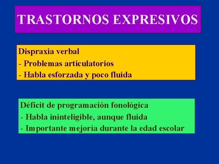 TRASTORNOS EXPRESIVOS Dispraxia verbal - Problemas articulatorios - Habla esforzada y poco fluida Déficit