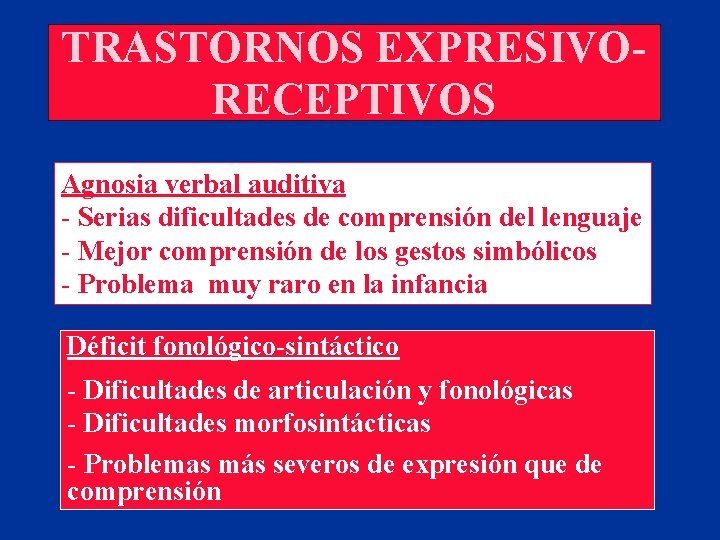 TRASTORNOS EXPRESIVORECEPTIVOS Agnosia verbal auditiva - Serias dificultades de comprensión del lenguaje - Mejor