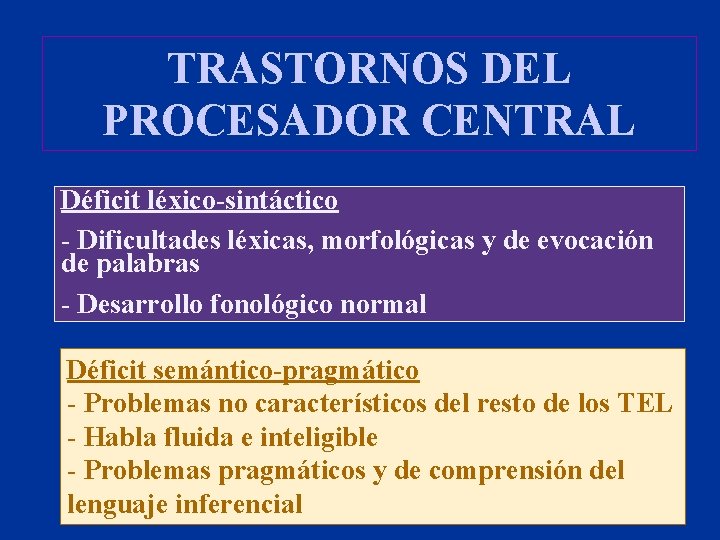 TRASTORNOS DEL PROCESADOR CENTRAL Déficit léxico-sintáctico - Dificultades léxicas, morfológicas y de evocación de