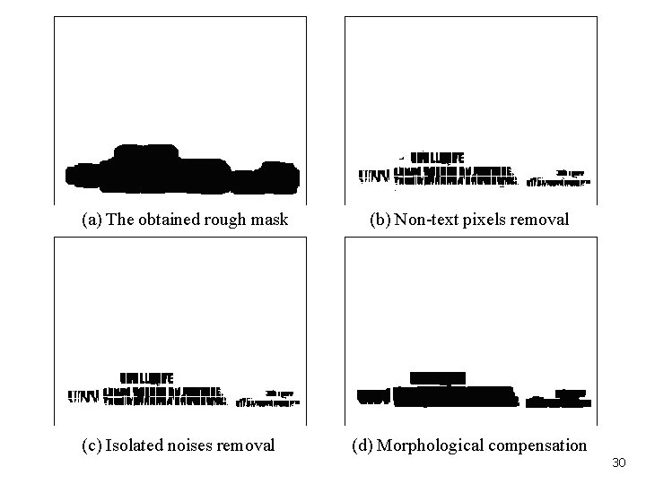 (a) The obtained rough mask (c) Isolated noises removal (b) Non-text pixels removal (d)