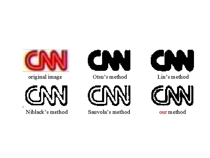 original image Otsu’s method Lin’s method Niblack’s method Sauvola’s method our method 