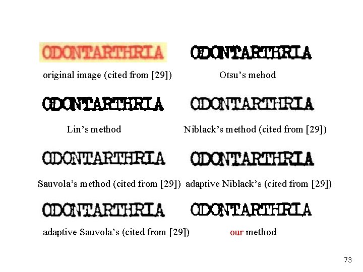 original image (cited from [29]) Lin’s method Otsu’s mehod Niblack’s method (cited from [29])