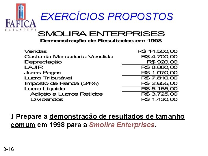 EXERCÍCIOS PROPOSTOS 1 Prepare a demonstração de resultados de tamanho comum em 1998 para