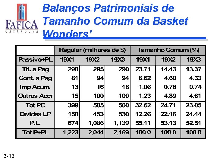 Balanços Patrimoniais de Tamanho Comum da Basket Wonders’ 3 -19 