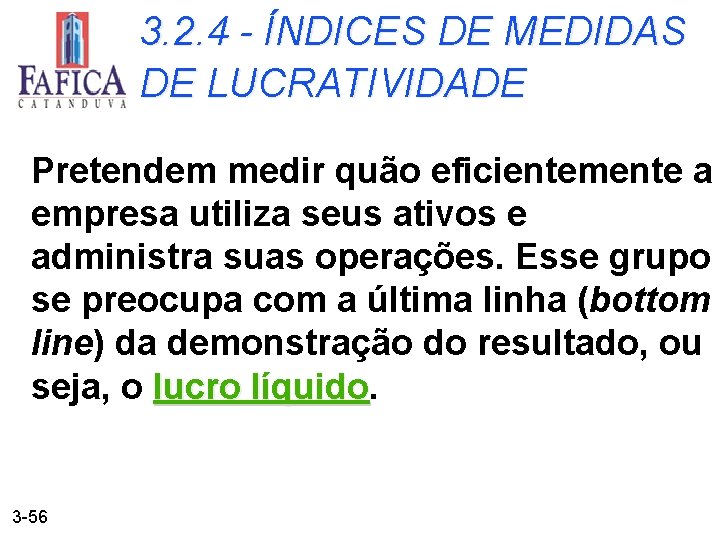 3. 2. 4 - ÍNDICES DE MEDIDAS DE LUCRATIVIDADE Pretendem medir quão eficientemente a