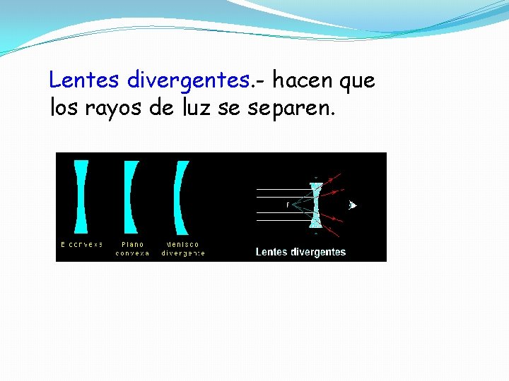 Lentes divergentes. - hacen que los rayos de luz se separen. 