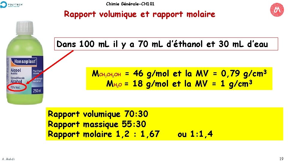 Chimie Générale-CH 101 Rapport volumique et rapport molaire Dans 100 m. L il y