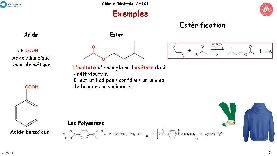 Chimie Générale-CH 101 Exemples Estérification Acide CH 3 COOH Acide éthanoïque Ou acide acétique