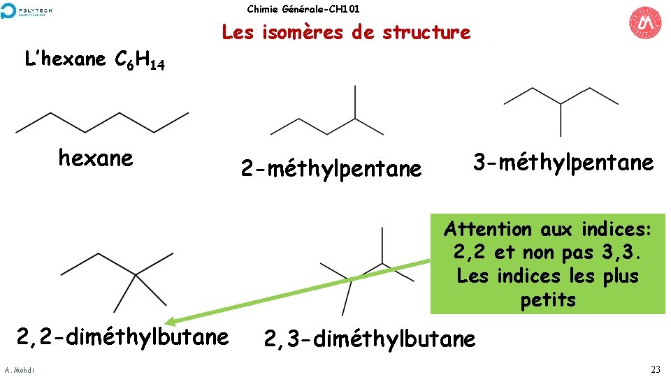 Chimie Générale-CH 101 L’hexane C 6 H 14 Les isomères de structure hexane 2