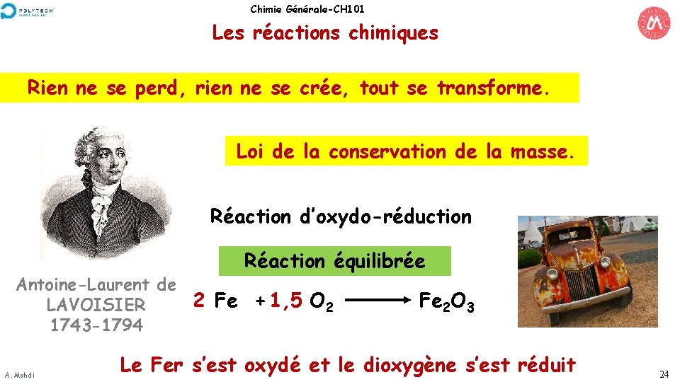 Chimie Générale-CH 101 Les réactions chimiques Rien ne se perd, rien ne se crée,