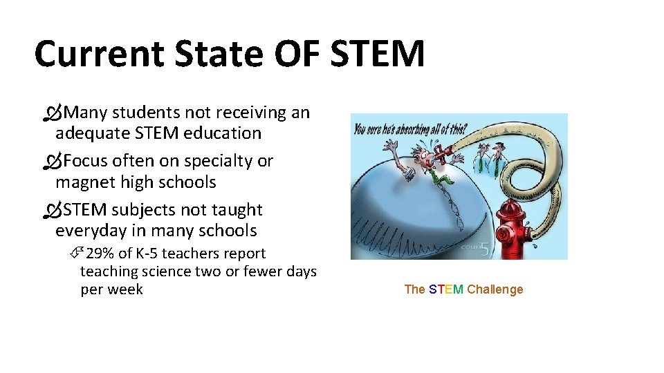 Current State OF STEM Many students not receiving an adequate STEM education Focus often