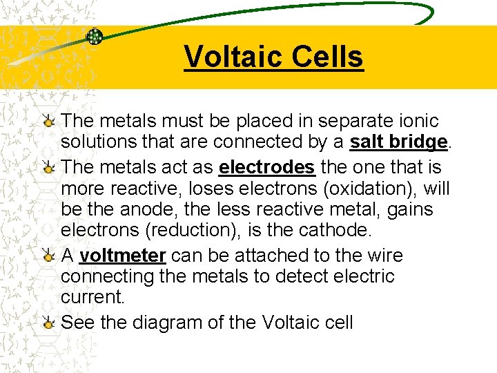 Voltaic Cells The metals must be placed in separate ionic solutions that are connected