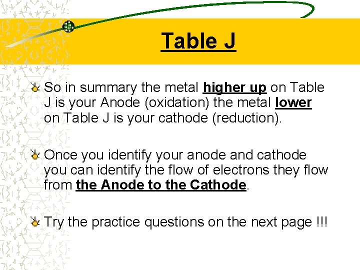Table J So in summary the metal higher up on Table J is your