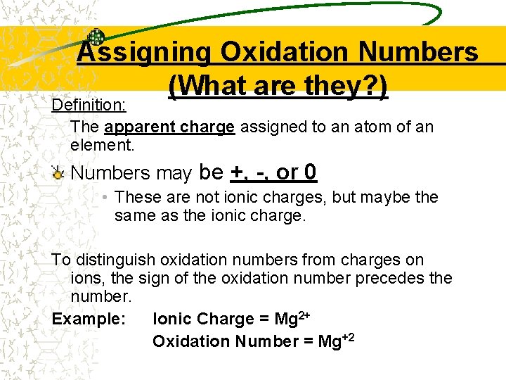 Assigning Oxidation Numbers (What are they? ) Definition: The apparent charge assigned to an