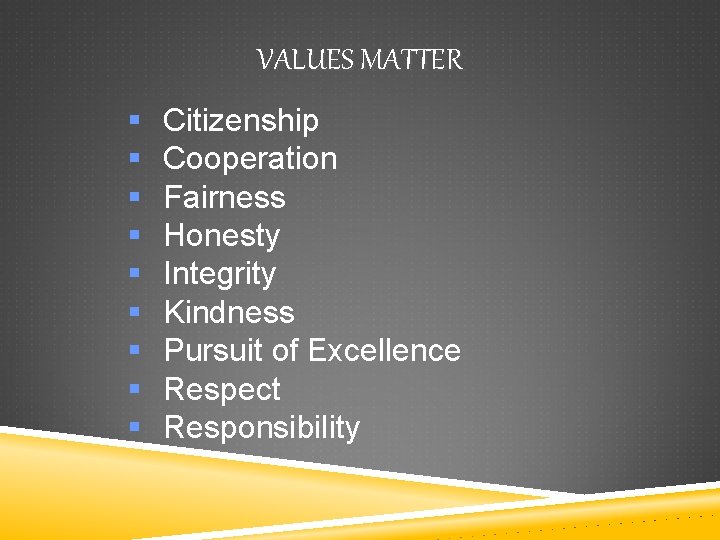 VALUES MATTER § § § § § Citizenship Cooperation Fairness Honesty Integrity Kindness Pursuit