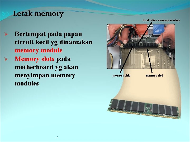  Letak memory dual inline memory module Ø Ø Bertempat pada papan circuit kecil