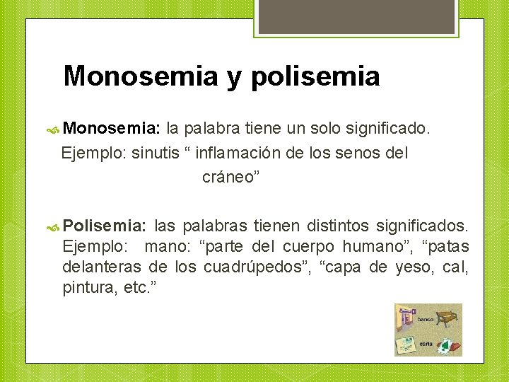 Monosemia y polisemia Monosemia: la palabra tiene un solo significado. Ejemplo: sinutis “ inflamación