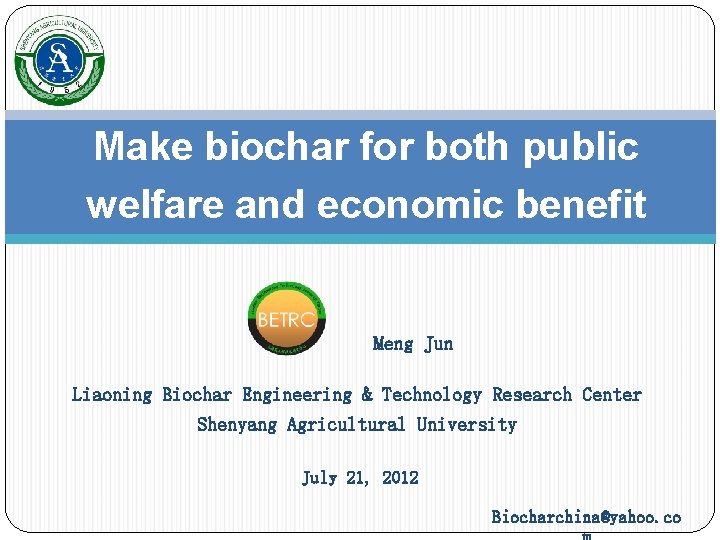 Make biochar for both public welfare and economic benefit Meng Jun Liaoning Biochar Engineering