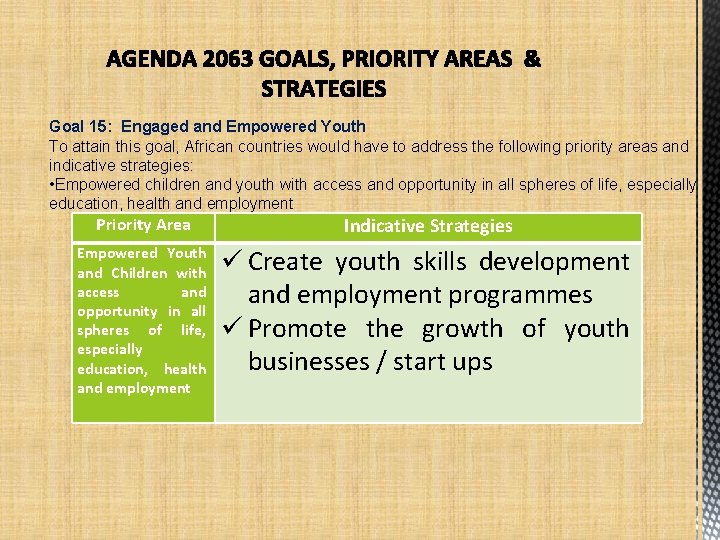 Goal 15: Engaged and Empowered Youth To attain this goal, African countries would have