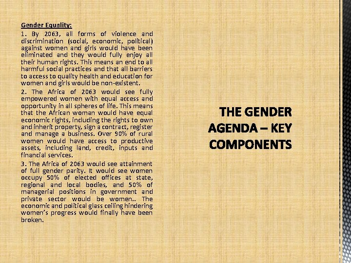 Gender Equality: 1. By 2063, all forms of violence and discrimination (social, economic, political)