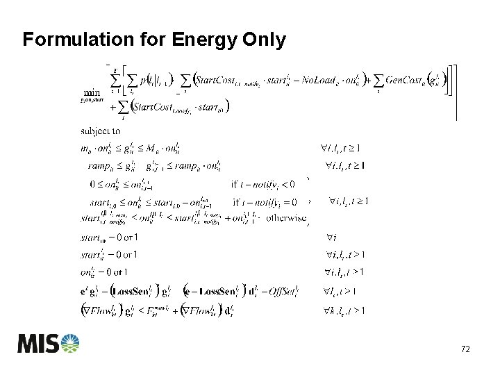 Formulation for Energy Only 72 