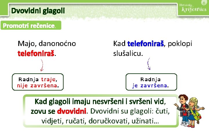 Dvovidni glagoli Promotri rečenice. Majo, danonoćno telefoniraš. Kad telefoniraš, poklopi slušalicu. Kad glagoli imaju