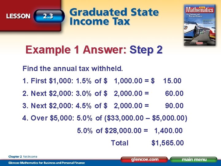 Example 1 Answer: Step 2 Find the annual tax withheld. 1. First $1, 000: