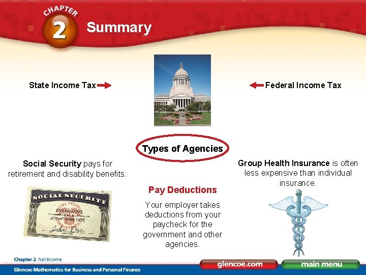 Summary Federal Income Tax State Income Tax Types of Agencies Social Security pays for