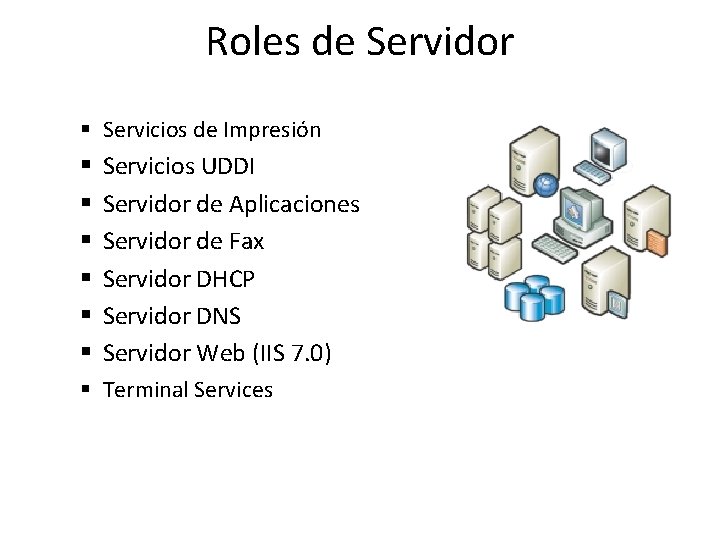 Roles de Servidor § Servicios de Impresión § § § Servicios UDDI Servidor de