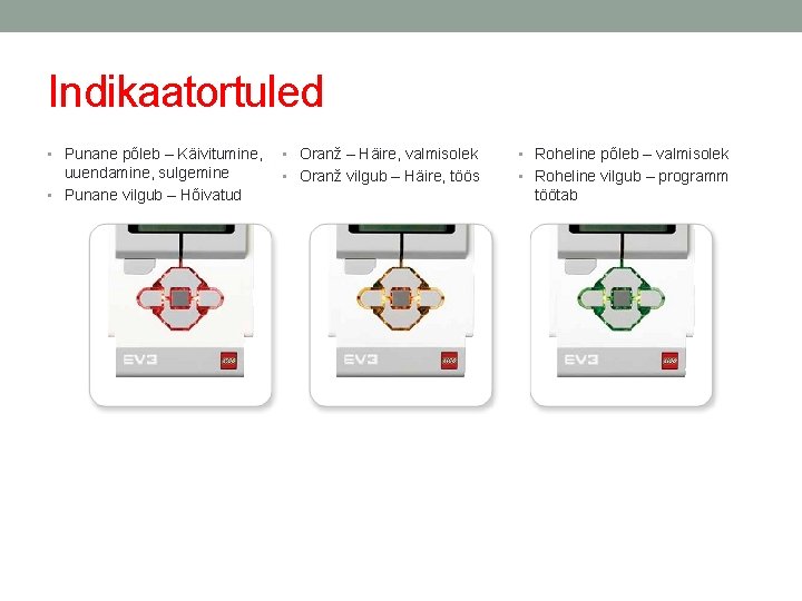 Indikaatortuled • Punane põleb – Käivitumine, • Oranž – Häire, valmisolek • Roheline põleb