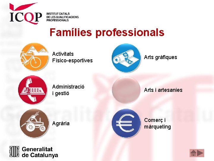 Famílies professionals Activitats Físico-esportives Arts gràfiques Administració i gestió Arts i artesanies Agrària Comerç Famílies professionals Activitats Físico-esportives Arts gràfiques Administració i gestió Arts i artesanies Agrària Comerç