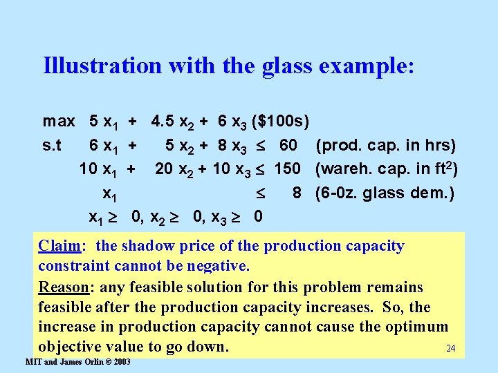 Illustration with the glass example: max 5 x 1 s. t 6 x 1