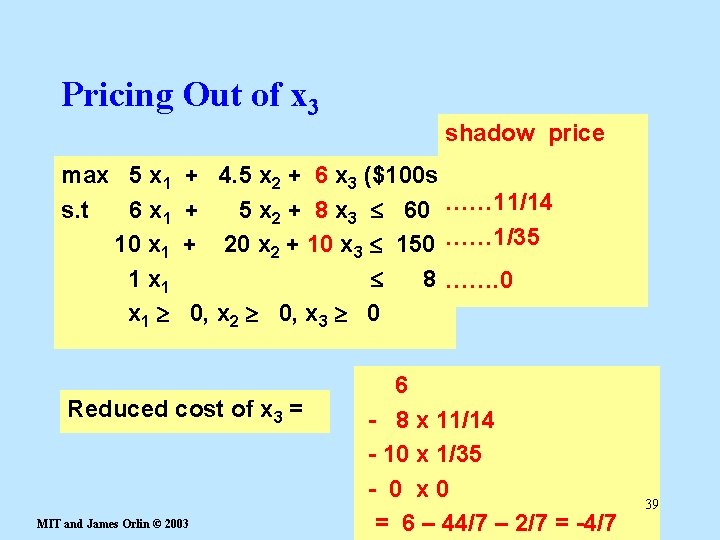 Pricing Out of x 3 max 5 x 1 s. t 6 x 1