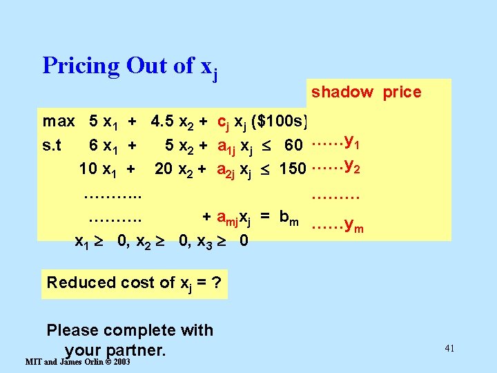 Pricing Out of xj shadow price max 5 x 1 + 4. 5 x
