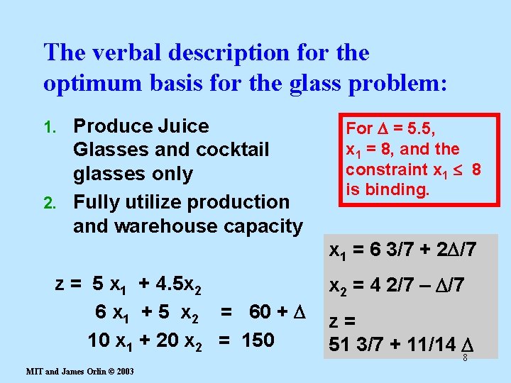 The verbal description for the optimum basis for the glass problem: Produce Juice Glasses