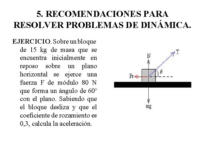 5. RECOMENDACIONES PARA RESOLVER PROBLEMAS DE DINÁMICA. EJERCICIO. Sobre un bloque de 15 kg 5. RECOMENDACIONES PARA RESOLVER PROBLEMAS DE DINÁMICA. EJERCICIO. Sobre un bloque de 15 kg