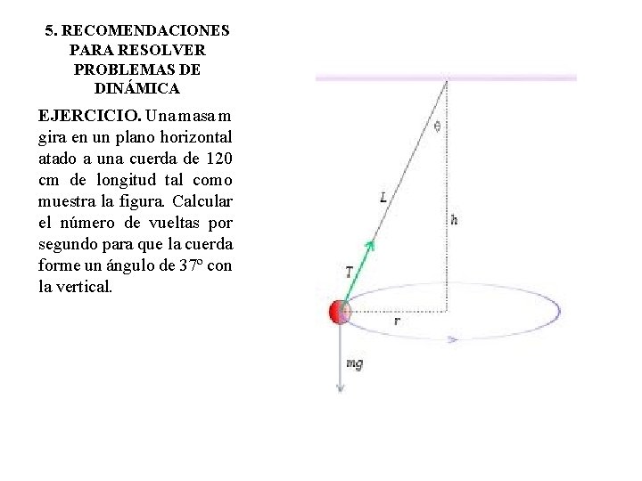 5. RECOMENDACIONES PARA RESOLVER PROBLEMAS DE DINÁMICA EJERCICIO. Una masa m gira en un 5. RECOMENDACIONES PARA RESOLVER PROBLEMAS DE DINÁMICA EJERCICIO. Una masa m gira en un