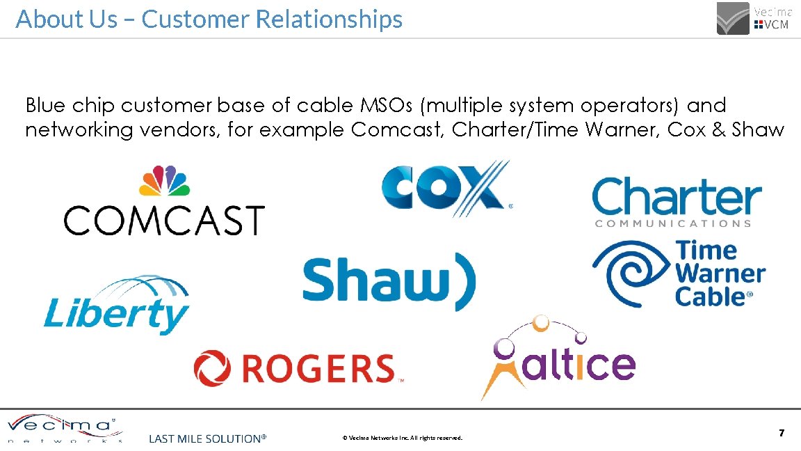 About Us – Customer Relationships Blue chip customer base of cable MSOs (multiple system