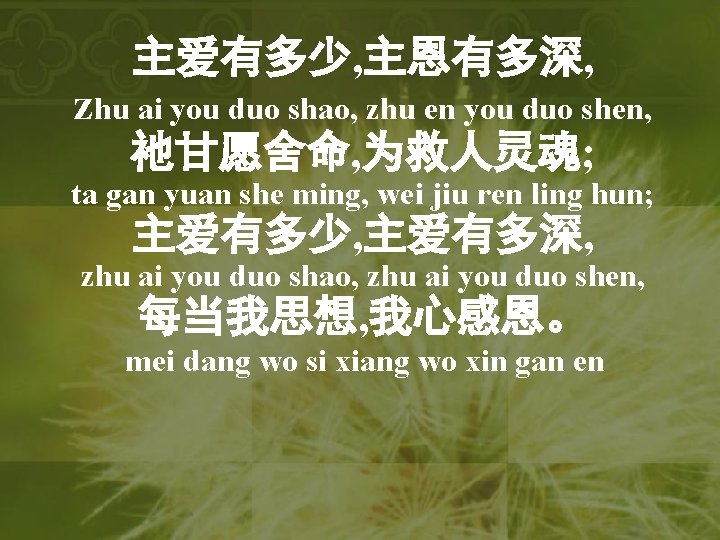 主爱有多少, 主恩有多深, zhu ai you duo shao, zhu en you duo shen, 祂甘愿舍命, 为救人灵魂;