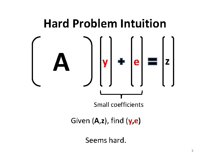 Hard Problem Intuition A y e z Small coefficients Given (A, z), find (y,