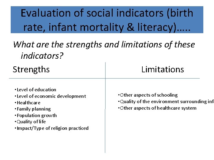 Evaluation of social indicators (birth rate, infant mortality & literacy)…. . What are the