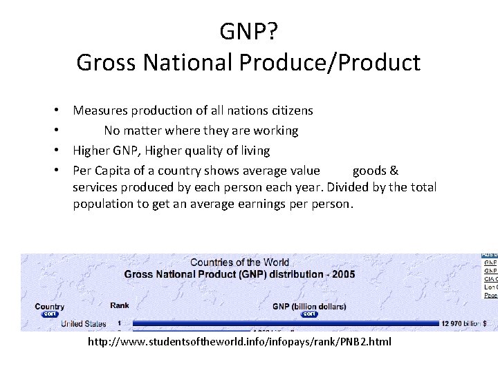 GNP? Gross National Produce/Product • Measures production of all nations citizens • No matter