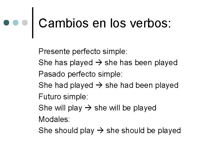Cambios en los verbos: Presente perfecto simple: She has played she has been played