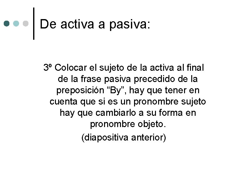 De activa a pasiva: 3º Colocar el sujeto de la activa al final de