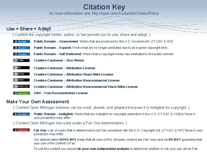 Citation Key for more information see: http: //open. umich. edu/wiki/Citation. Policy Use + Share